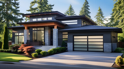 Luxurious new construction home. Modern style house with car garage . - obrazy, fototapety, plakaty