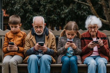 Grandparents and grandchildren using smartphones. Family Phubbing concept AI Generated
