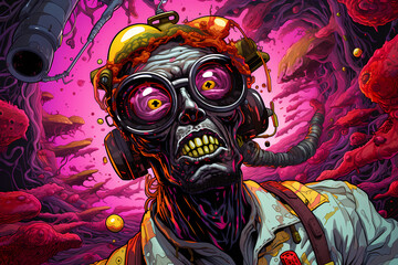 Illustration in psychedelic style, of a crazy dead zombie, Mad mutant Scientist.