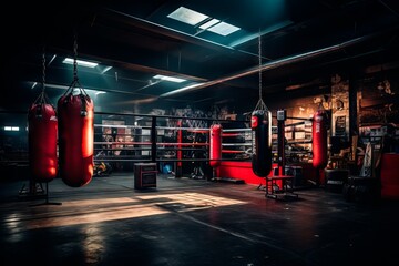 Boxing gym interior with multiple hanging punching bags and equipment. Concept of fitness center, boxing training environment, sports facility, and athletic gym interior