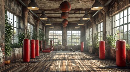Stylish boxing studio with vintage brick architecture and red heavy bags. Concept of urban fitness studio, boxing workout space, industrial gym design, and rustic sports environment - obrazy, fototapety, plakaty