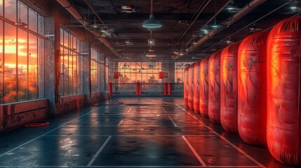 Boxing gym with red punching bags, marked floor, and large windows. Sunset view visible. Concept of...