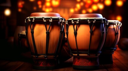 Fototapeta na wymiar Conga drums on stage lit by warm stage lights with bokeh effect. Ideal for music themed projects and performance promotions. Traditional percussion musical instrument of Afro-Cuban