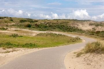 Nature path, Walkways or bicycle lane along the sand dunes or dyke at Dutch north sea coastline, European marram grass (beach grass) under blue sky, Nature background, North Holland, Netherlands.