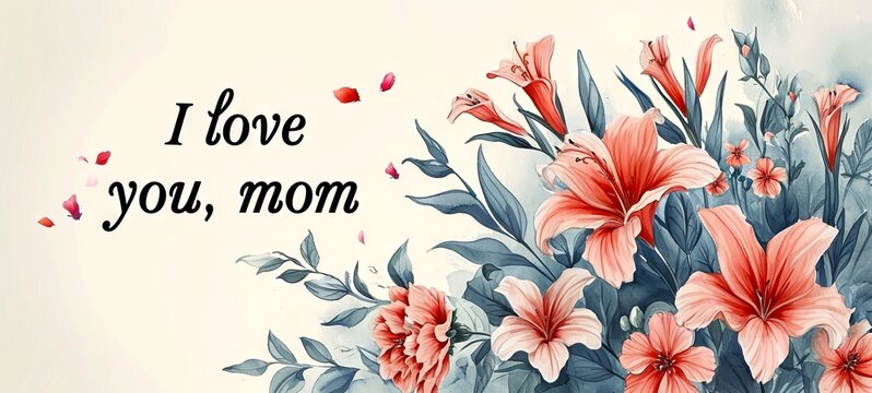 Wide banner with red lilies and leaves on a light background, inscribed with I love you, mom. For use in Mothers Day greetings, floral shop displays, or sentimental decor.