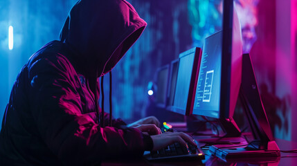 Cybersecurity breach concept with a hooded figure hacking a computer - Powered by Adobe