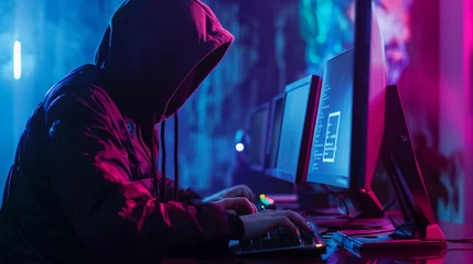 Foto op Plexiglas Cybersecurity breach concept with a hooded figure hacking a computer © Nelson