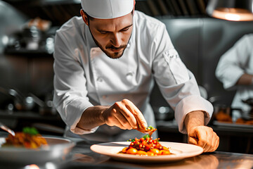 horizontal image of a fine dining chef finishing to garnish a plate AI generated - obrazy, fototapety, plakaty