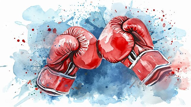 Watercolor painting of boxing gloves with dynamic splashes in the background. Concept of watercolor art, sports illustration, boxing equipment, and creative expression.