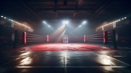Empty lit boxing ring in a dark, spacious arena. Atmosphere is intense and anticipatory. Concept of Boxing Matches, Training Sessions, Sports Events, Competition, Combat Sports