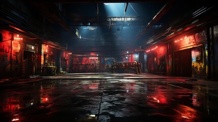 Dark atmospheric gym with red neon lights and glossy floor. Concept of gym, urban sports facility, moody lighting, and indoor athletics. Boxing gym