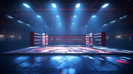 Empty lit boxing ring in a dark, spacious arena. Atmosphere is intense and anticipatory. Concept of Boxing Matches, Training Sessions, Sports Events, Competition, Combat Sports