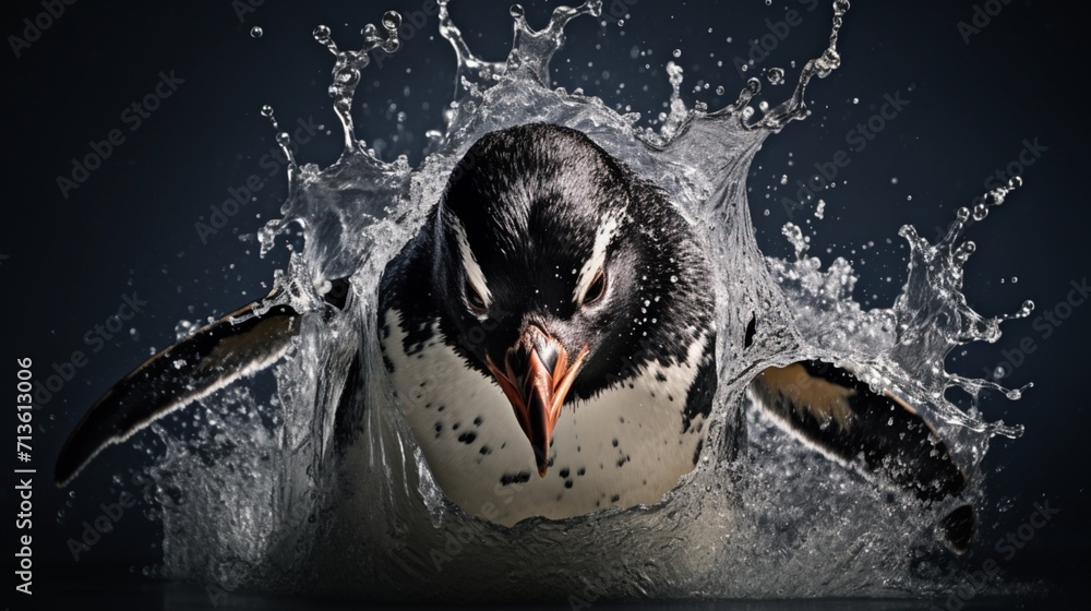 Poster lone penguin embarking on a dive into the crystal-clear waters - ai-generative