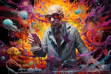 Illustration in psychedelic style, of a Mad mutant Scientist Making Crazy Experiment.