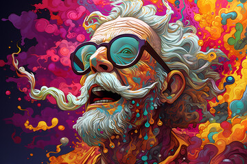 Illustration in psychedelic style, of a Mad mutant Scientist Making Crazy Experiment. - obrazy, fototapety, plakaty