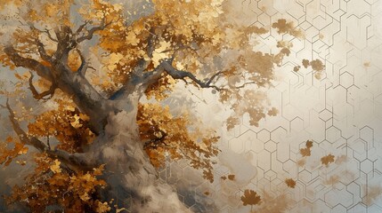 Ethereal tree mural, oak, white lattice, leaves, chamfered gold hexagons, floral pattern.