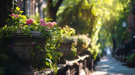 Fototapeta na wymiar Vegetação exuberante transborda das elegantes plantadeiras criando um oásis pitoresco no meio das movimentadas ruas da cidade