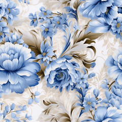 Hyper Realistic Illustrated Porcelain Blue and Gold Flowers Seamless Pattern