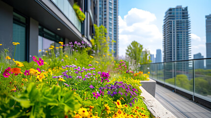 Exuberante vegetação transborda pelas bordas de varandas modernas e elegantes criando um contraste marcante contra os arranha-céus de aço e vidro