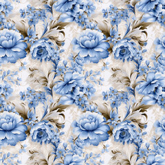 Hyper Realistic Illustrated Porcelain Blue and Gold Flowers Seamless Pattern