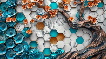 Tissu par mètre Crâne aquarelle Abstract 3D mural with white lattice tiles on wooden oak, tree in turquoise, blue, brown, dynamic colorful hexagons, floral background.