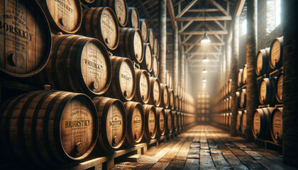 Inside a large aging facility containing barrels of whiskey, bourbon, scotch, and wine. - obrazy, fototapety, plakaty