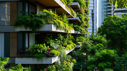 Fototapeta na wymiar Exuberante vegetação transborda pelas bordas de varandas modernas e elegantes criando um contraste marcante contra os arranha-céus de aço e vidro