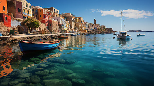 Malta, fishing village Colourful boats AI-generated Image