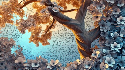 Wooden oak mural frame with 3D white lattice tiles, surreal tree, turquoise, blue, brown leaves, dusk sky, colorful hexagons, floral background.