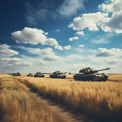 tanks on the wheat field. wheat field destroyed by bombs Blue sky with white clouds. Extremely wide frame shot