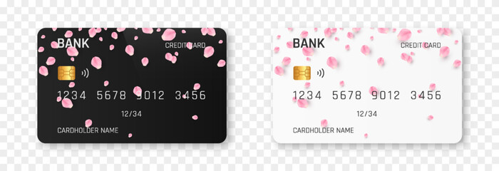 Bank card vector template png. Bank card with rose or sakura petals design. Plastic bank card png. © Vitaliy