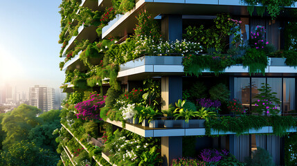 Exuberante vegetação transborda pelas bordas de varandas modernas e elegantes criando um contraste marcante contra os arranha-céus de aço e vidro - obrazy, fototapety, plakaty