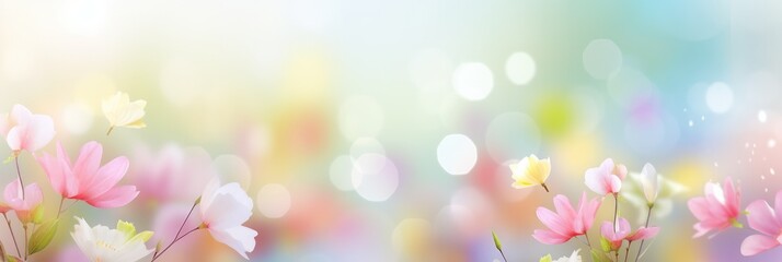 Abstract Panoramic Banner Spring Pink Yellow Wildflowers Against Blurred Meadow Background. Fresh Pastel Backdrop Flowers at Grass field Sun Rays Defocused Light Bokeh. Pure Air Free Space For Text