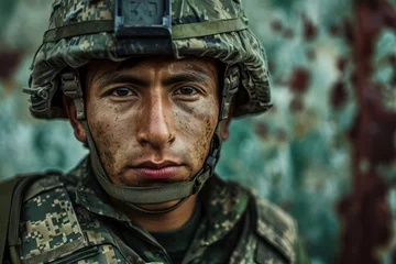 Fotobehang Modern mexican soldier portrait close up. Modern soldier of Mexico realistic detailed photography texture © Magiurg