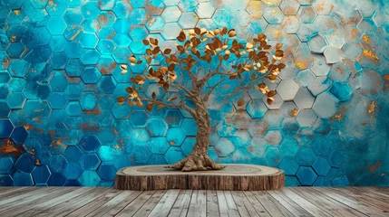 Foto op Plexiglas Aquarel doodshoofd Majestic tree in a 3D mural on wooden oak with white lattice tiles, turquoise, blue, brown leaves, tranquil setting, colorful hexagons, floral background.