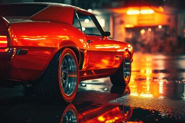 A custom tuned muscle car in a spectacular light.