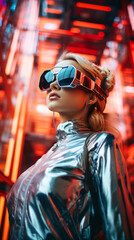 Obraz premium A modern woman in a trendy futurism style, surrounded by futuristic elements and holographic simulations. Generative AI