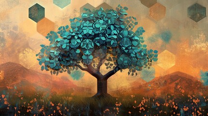 Surreal tree mural in 3D with leaves in turquoise and blue, brown dusk sky, green hexagon backdrop.