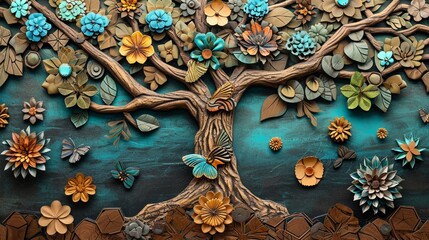 Enchanted forest 3D wooden mural frame, tree with turquoise, blue foliage, mystical brown, colorful hexagons, and floral backdrop.