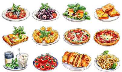 watercolor stickers of italian food white background