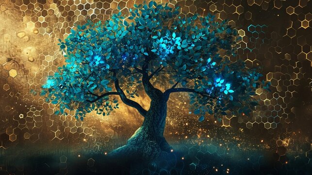 Magical tree mural in 3D with shimmering turquoise, blue leaves, deep brown ambiance, green hexagon pattern.
