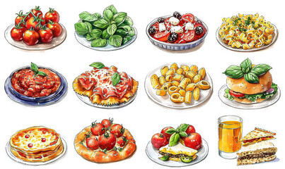 watercolor stickers of italian food white background