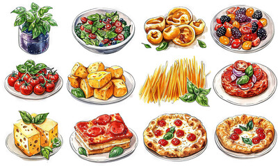 watercolor stickers of italian food white background