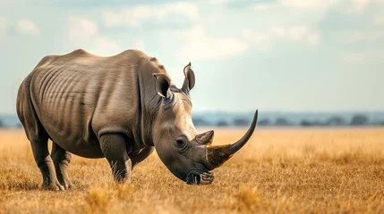 Poster Endangered white rhinoceros grazing on the African plains, symbolizing the need for conservation efforts to protect these magnificent creatures, animals, white rhinoceros, hd, with © Kateryna