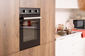 Wooden furniture with built-in oven in modern kitchen