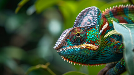 Fototapeta premium Close-up of a curious chameleon blending into its surroundings, illustrating the adaptability and camouflage skills of these reptiles, animals, chameleon, hd, with copy space