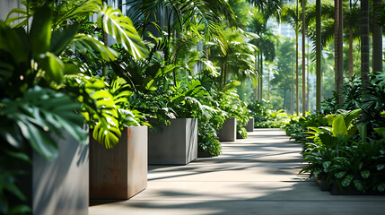Exuberante vegetação transborda pelas bordas de varandas modernas e elegantes criando um contraste marcante contra os arranha-céus de aço e vidro