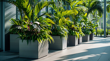 Exuberante vegetação transborda pelas bordas de varandas modernas e elegantes criando um contraste marcante contra os arranha-céus de aço e vidro - obrazy, fototapety, plakaty