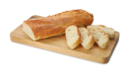 Wooden cutting board with fresh bread isolated on white