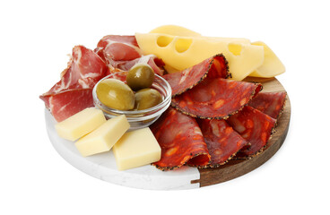Serving board with delicious cured ham, cheese, sausage and olives isolated on white